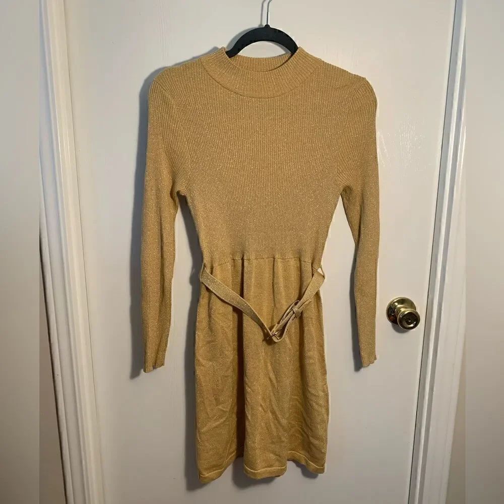 Free People EUC gold metallic knit high neck belted long sleeve dress size S